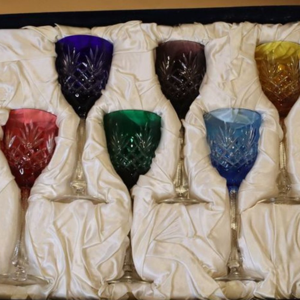FABERGE Odessa Hock Crystal Wine Glasses - Blue Velvet Box, Collectible